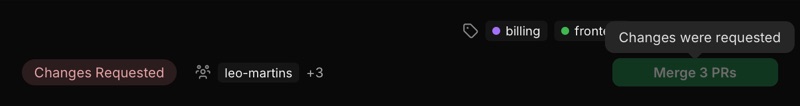The Merge 3 PRs button, greyed out, with its tooltip: Changes were requested