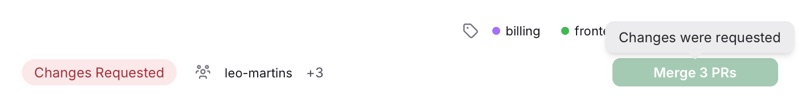 The Merge 3 PRs button, greyed out, with its tooltip: Changes were requested