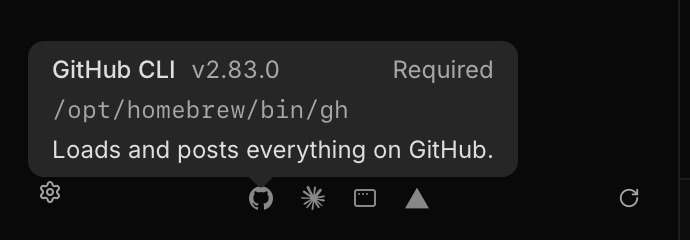 The tools row at the foot of Mergiato's sidebar, with the GitHub CLI's version and path