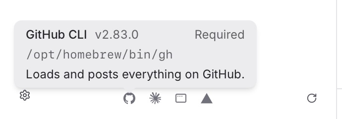 The tools row at the foot of Mergiato's sidebar, with the GitHub CLI's version and path