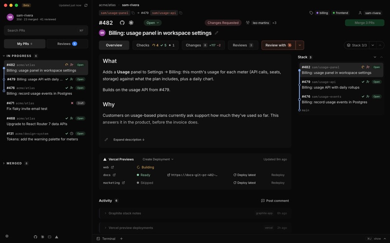 Mergiato's window: the inbox on the left, and a PR with its stack, checks and description on the right