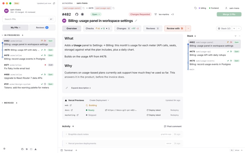Mergiato's window: the inbox on the left, and a PR with its stack, checks and description on the right